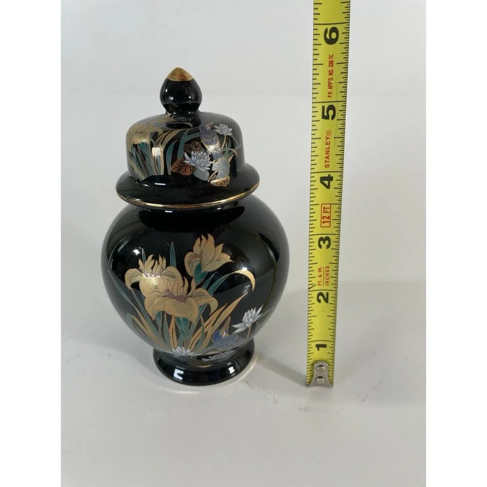 Vintage Made in Japan Black Gold Ginger Jar Lidded Vase Floral Bird